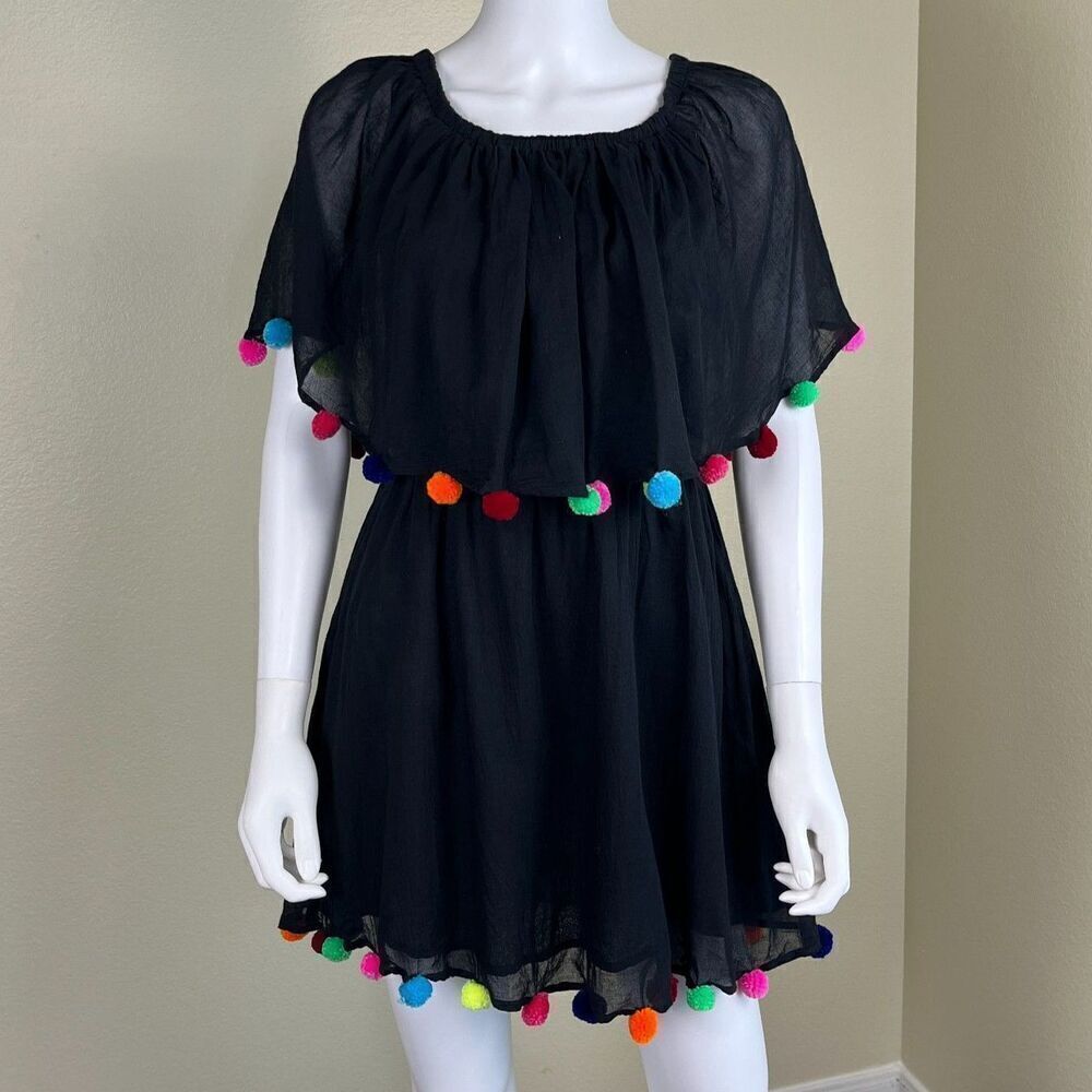 Pitusa Womens Size Standard Black Pompom Festival Cotton Mini Coverup Dress Boho - Picture 7 of 17